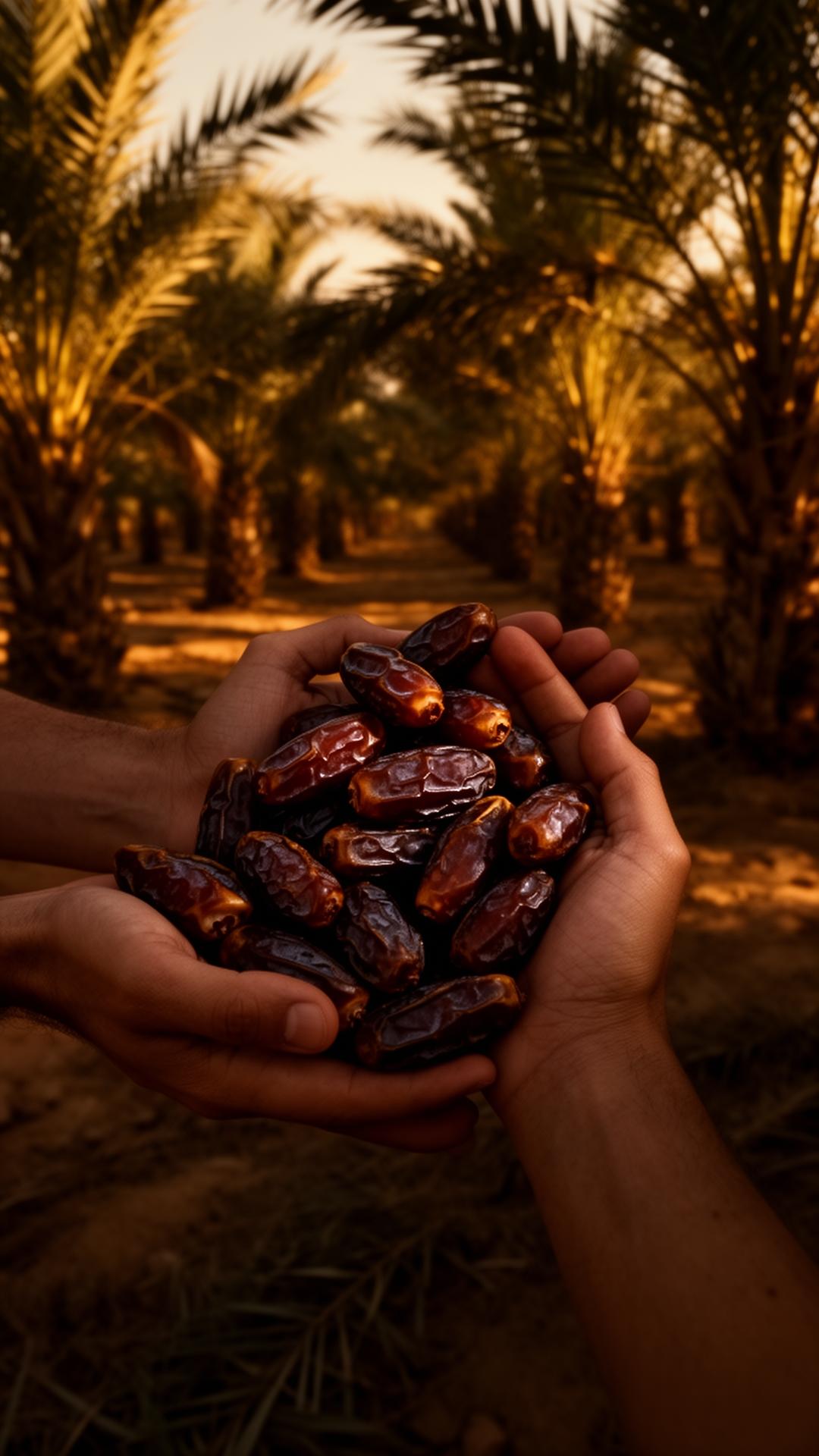 Hands holding fresh dates in a Pune date palm orchard at golden hour
